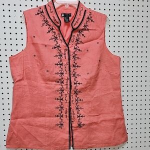 Carole Little Woman 100% Linen Sleeveless Top Coral And Black, Lined 1X